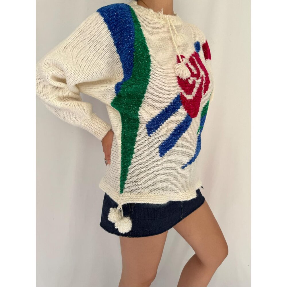 80s vintage colorful sparkly floral abstract print knit sweater with pom poms - Picture 7 of 10